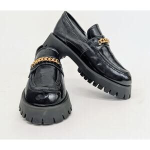 PRINCESS POLLY Unchained Patent Loafers sz 6 Black Gold Chunky Lug Sole Vegan
